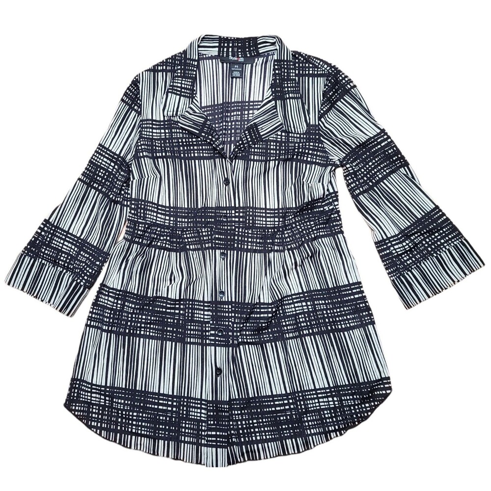 Style & Co. Women's Top Blouse Petite Small Black and Tan Stripes 3/4 Sleeves